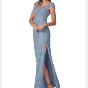Azazie Mckell Long Lace dress, side slit, short sleeve. Dusty Blue. Size small.
